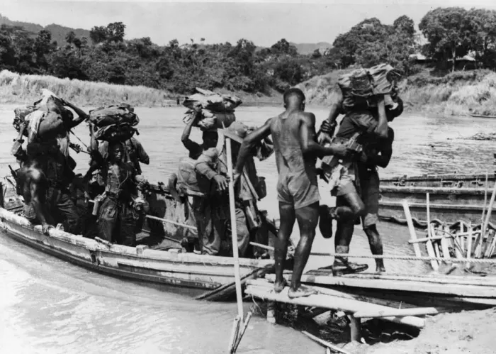 Framed Print : British and West Africans take Burma Village. Picture shows supplies coming ashore