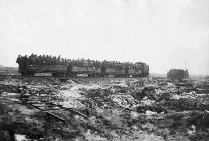 Framed Print : A British working party is carried to the frontline near Passendale by light railway Framed Print : A British working party is carried to the frontline near Passendale by light railway