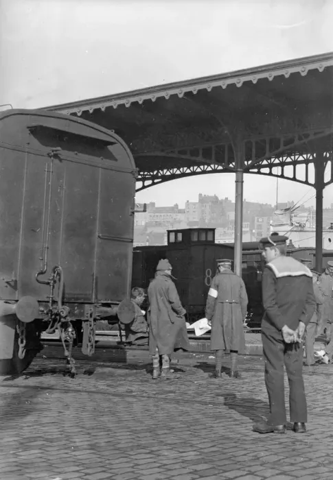 Framed Print : British wounded soldiers seen here at the cross channel railway station in Boulogne await Framed Print : British wounded soldiers seen here at the cross channel railway station in Boulogne await