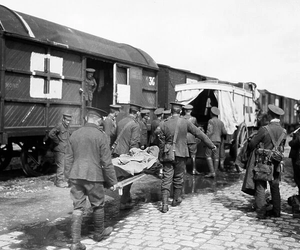 British wounded soldiers seen here being transferred from a hospital train to a ambulance