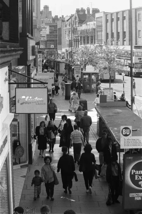 Framed Print : Broad Street is a main pedestrianised thoroughfare and the primary high street in Framed Print : Broad Street is a main pedestrianised thoroughfare and the primary high street in