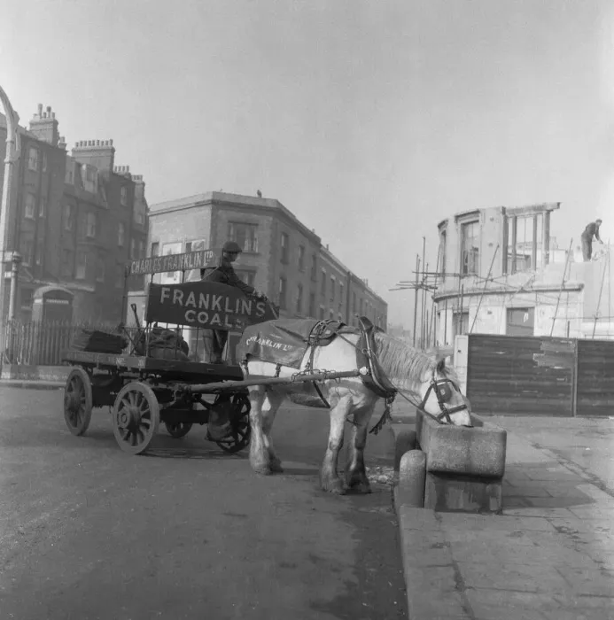 Framed Print : Bromley by Bow coal merchant Charles Franklin horses and cart delivery wagon takes a