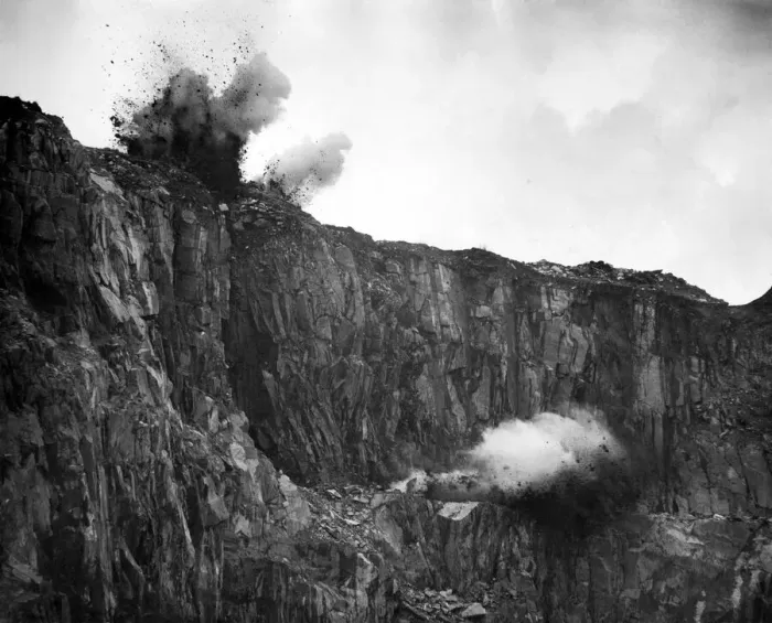 Framed Print : Broughton Moor Green Slate Quarry blasted; Coniston; ICI experiment slate is forced out
