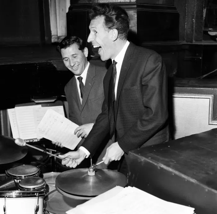 Framed Print : Bruce Forsyth at The Royal Variety show rehearsal, playing the drums which are part of Framed Print : Bruce Forsyth at The Royal Variety show rehearsal, playing the drums which are part of