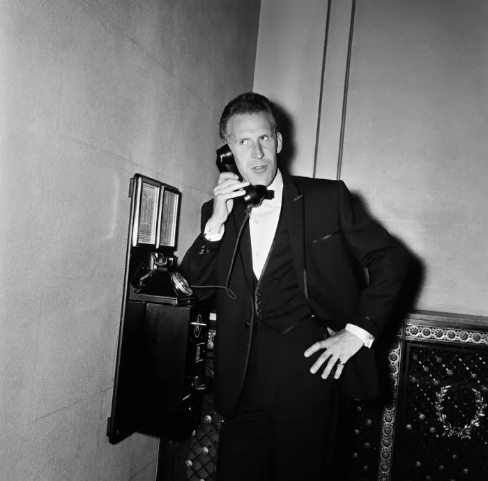 Framed Print : Bruce Forsyth on the telephone. The Daily Mirror Television Award show. 29th July 1962