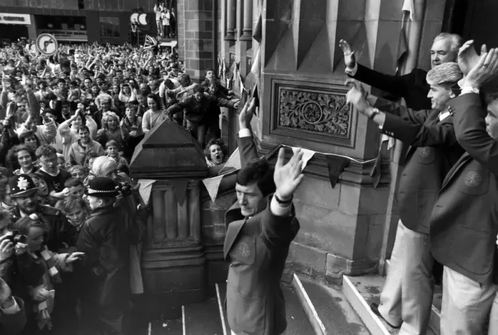 Framed Print : Bruce Rioch and Middlesbrough F. C. fans celebrate after winning second successive