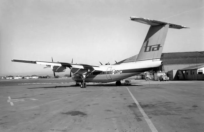 Framed Print : A Brymon airlines Dash 7 aircraft at London City Airport. February 1987