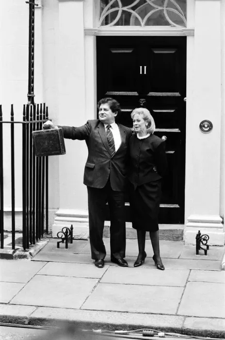 Framed Print : Budget Day at No 11 Downing Street. The Chancellor of the Exchequer, Nigel Lawson Framed Print : Budget Day at No 11 Downing Street. The Chancellor of the Exchequer, Nigel Lawson