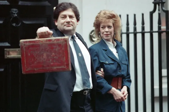 Framed Print : Budget Day at No 11 Downing Street. The Chancellor of the Exchequer, Nigel Lawson Framed Print : Budget Day at No 11 Downing Street. The Chancellor of the Exchequer, Nigel Lawson