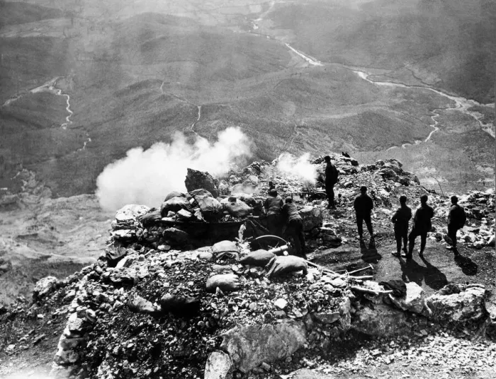 Framed Print : Bulgarians firing on the retreating Turkish army from a hill position during the Balkans Framed Print : Bulgarians firing on the retreating Turkish army from a hill position during the Balkans