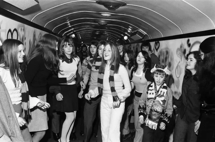 Framed Print : Burnley FC fans enjoy the mobile disco on board the soccer special. 27th January 1973