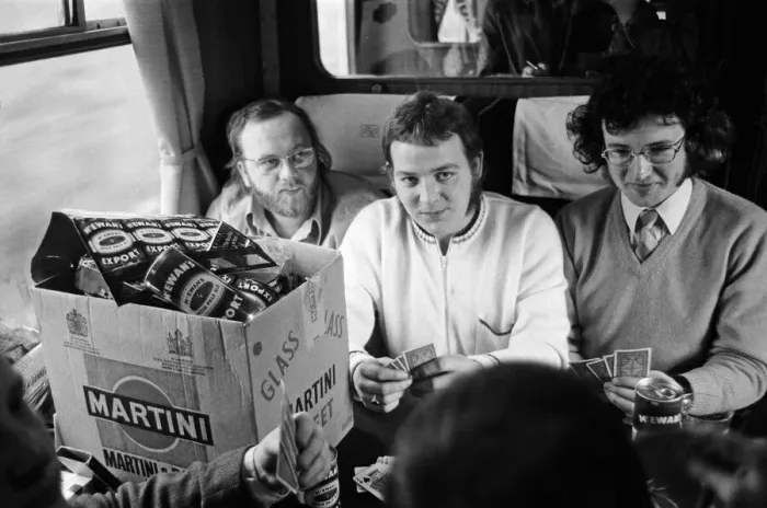 Framed Print : Burnley FC fans enjoy the mobile disco on board the soccer special. 27th January 1973