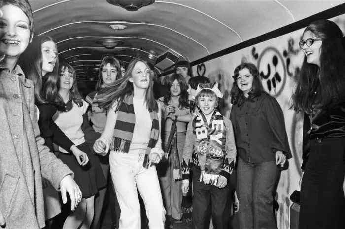 Framed Print : Burnley FC fans enjoy the mobile disco on board the soccer special. 27th January 1973