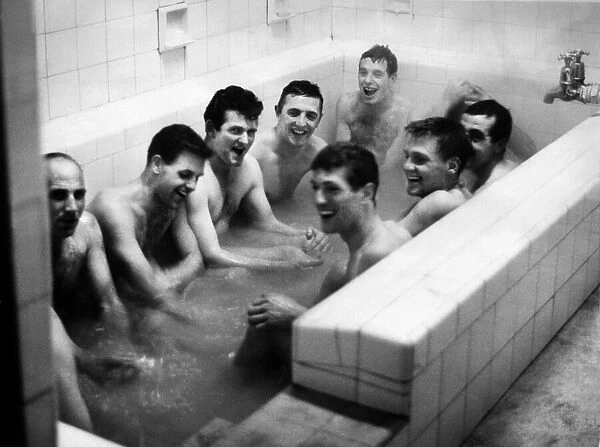 Burnley v. Liverpool. Liverpool players celebrating in the baths after winning 3-0
