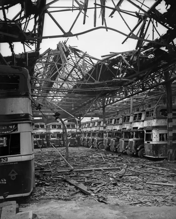 Framed Print : Burnt out buses and debris strewn across the floor of the Highgate Road Bus Garage Framed Print : Burnt out buses and debris strewn across the floor of the Highgate Road Bus Garage