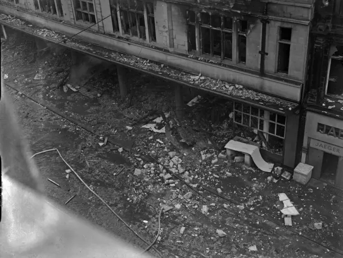 Framed Print : The burnt out shell of C and A in Corporation Street, Birmingham following an incendiary Framed Print : The burnt out shell of C and A in Corporation Street, Birmingham following an incendiary