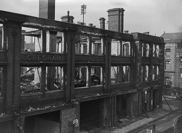 The burnt out shell of the Gresham Warehouses, Moor Street