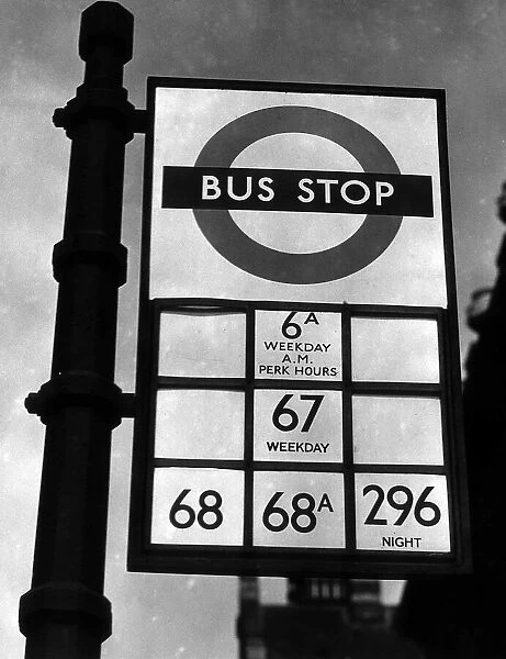 A Bus Stop, showing the bus numbers that stop there - April 1949