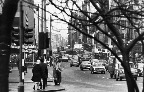 Busy scene in Market Street, Central Manchester. 25th January 1971