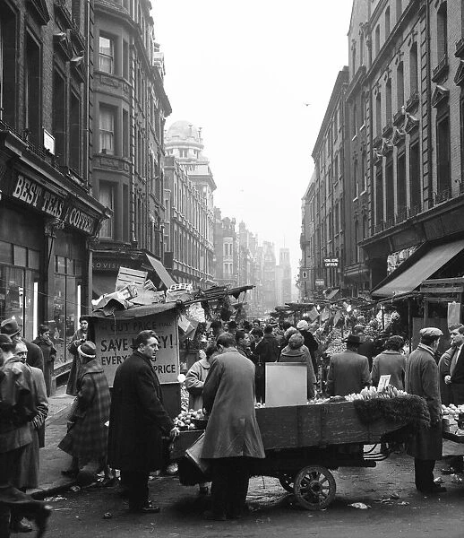 Busy scene at Rupert Street market in Soho, London. Circa 1955