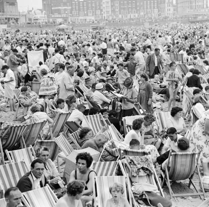 Framed Print : A busy scene on the seafront at Margate, Kent with holidaymakers packing the beach during Framed Print : A busy scene on the seafront at Margate, Kent with holidaymakers packing the beach during
