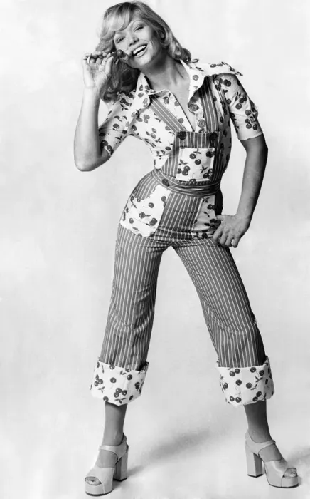 Framed Print : Butcher - blue striped dungarees with cherry print patch pockets