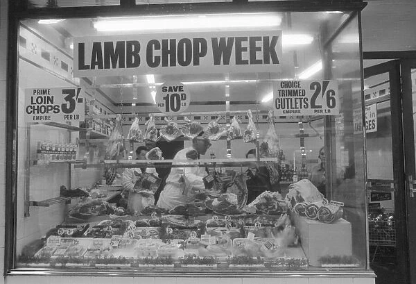 Butchers shop window, picture taken during Lamb Chop Week February 1963