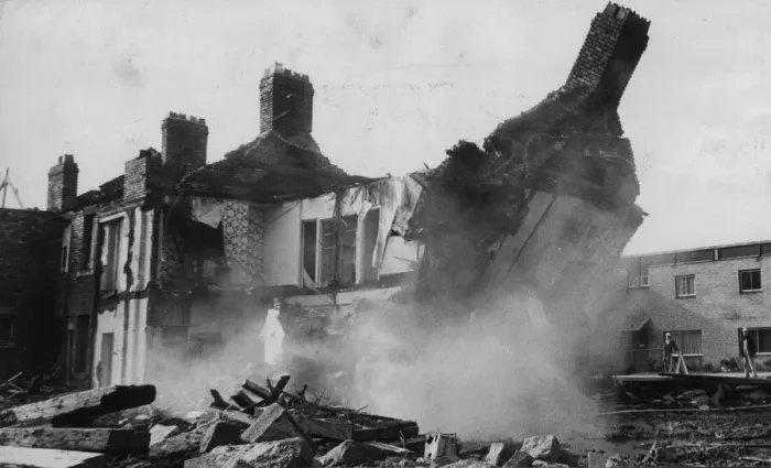 Framed Print : Byker Commercial Road  /  Raby Street 1980 - council workmen start tearning down the final