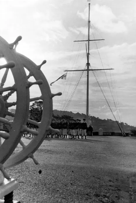 Framed Print : Cadets parade before the mast and ships wheel at the Royal Navys Suffolk training base Framed Print : Cadets parade before the mast and ships wheel at the Royal Navys Suffolk training base