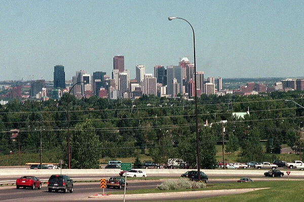 Calgary city in Canada with freeway, July 1999. Motorcycle