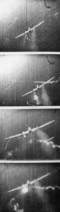 Framed Print : A camera gun sequence showing the destruction of a Messerschmitt Bf 110 by a British