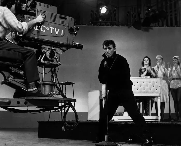 Framed Print : The camera swings in to record American Fifties Sixties pop singer Gene Vincent
