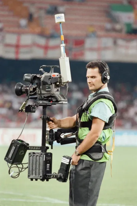 Framed Print : Cameraman using Steady Cam at England v Cameroon World Cup Quarter Final match Framed Print : Cameraman using Steady Cam at England v Cameroon World Cup Quarter Final match