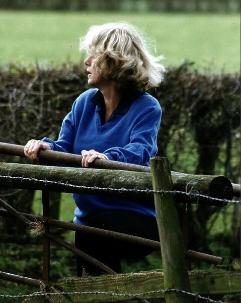 Camilla Parker Bowless hands on wooden fence looking round. November 1992