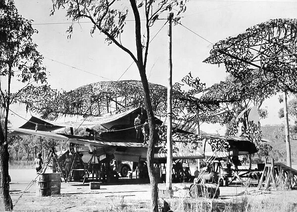 A camouflaged Australian Bristol Beaufort receiving attention from R. A. A. F