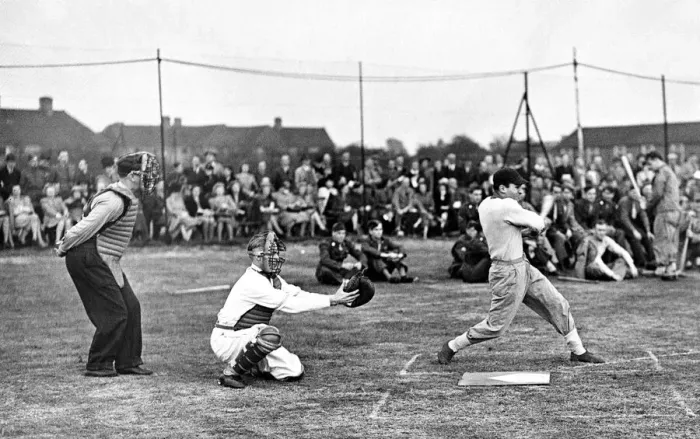 Framed Print : Canadian army v Us Army air force take part in a game of baseball at the Hounslow Cricket Framed Print : Canadian army v Us Army air force take part in a game of baseball at the Hounslow Cricket