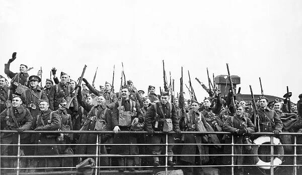 The Canadian Troops Arrive in Britain, waving aloft their rifles