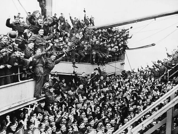The Canadian Troops Arrive in Britain, waving as their transport docks at a North Western