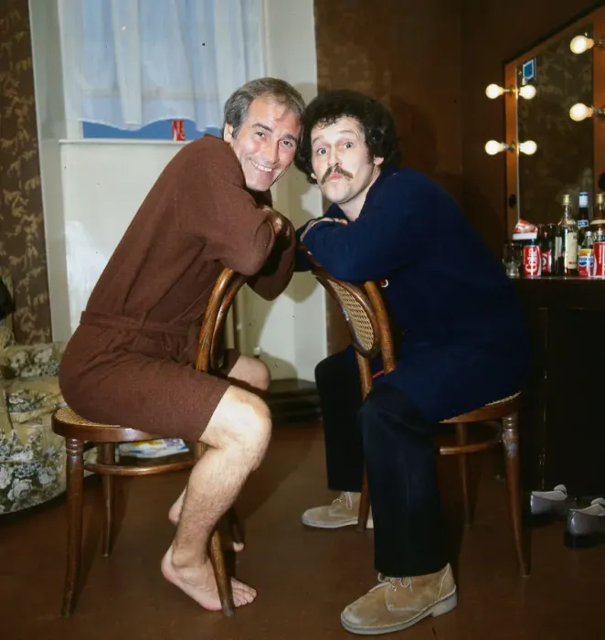 Framed Print : Cannon & Ball on chairs sitting in dressing room June 1983 Framed Print : Cannon & Ball on chairs sitting in dressing room June 1983