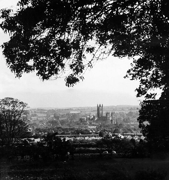 Canterbury Cathedral seen here from the hills surrounding the Kent market town