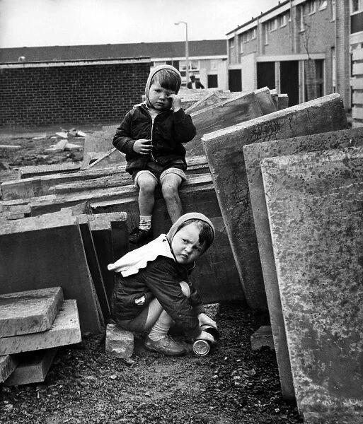 Cantril Farm, Knowsley, Merseyside. Giant paving stones which have been left by workmen