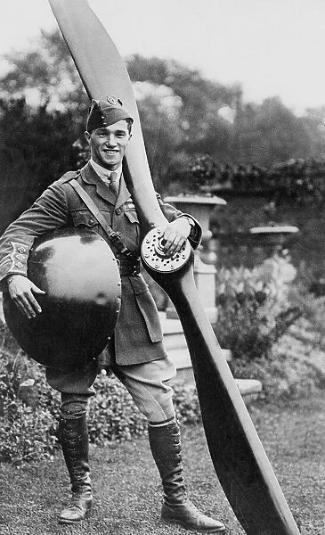 Captain Albert Ball VC of the Royal Flying Corps in World War One holding aircraft
