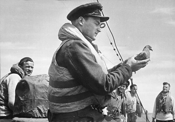 Captain of the HSL of the Air Sea Rescue Service, about to release a carrier pigeon now