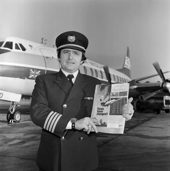 Framed Print : Captain Sharps BMA breaks London-Tessside flying time in 38 minutes. January 1975 Framed Print : Captain Sharps BMA breaks London-Tessside flying time in 38 minutes. January 1975