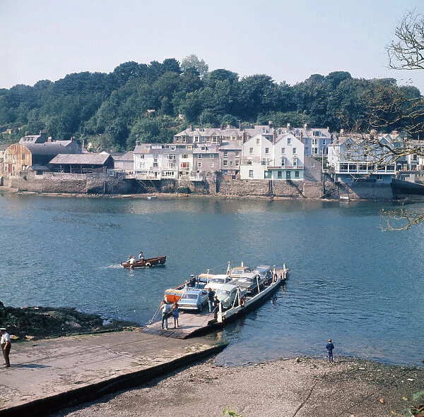 Car ferry across the River Fowey from Bodinnick, Cornwall. 1973