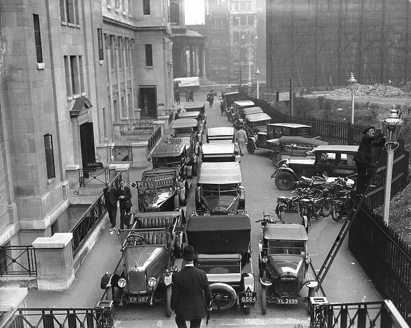 Car park behind Bush House, London two days after the enf of the General Strike