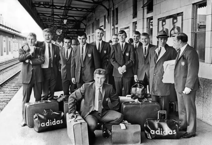 Framed Print : Cardiff City players pictured at Cardiff General Railway Station as they left for their Framed Print : Cardiff City players pictured at Cardiff General Railway Station as they left for their