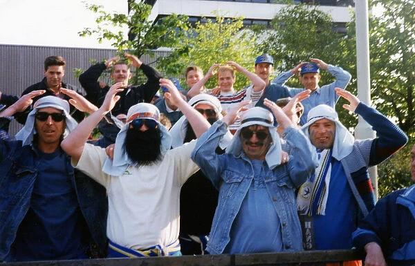 Cardiff City supporters dressed in Arab costume doing the Ayatollah circa 1993