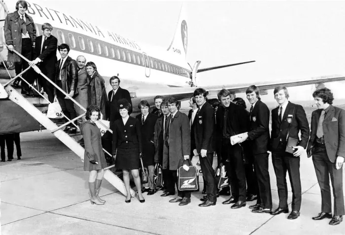 Framed Print : The Cardiff City team photographed boarding their plane at Rhoose Airport which was to Framed Print : The Cardiff City team photographed boarding their plane at Rhoose Airport which was to