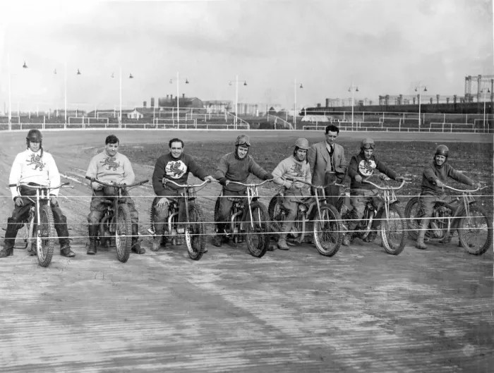 Framed Print : Cardiff Speedway riders line up for a practice at the new Penarth Road Stadium Framed Print : Cardiff Speedway riders line up for a practice at the new Penarth Road Stadium